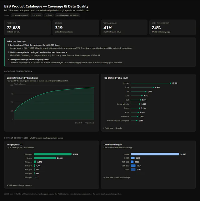 Full product catalogue dashboard: brand concentration curve, top brands by SKU count, images per SKU and description length.